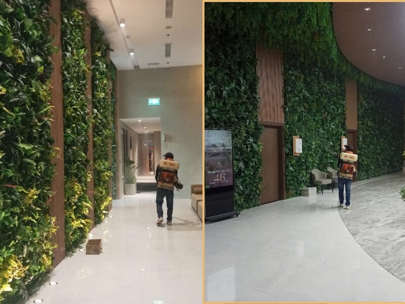Nhân viên Ngọc Thư đang phun sương diệt muỗi bằng thiết bị chuyên dụng 