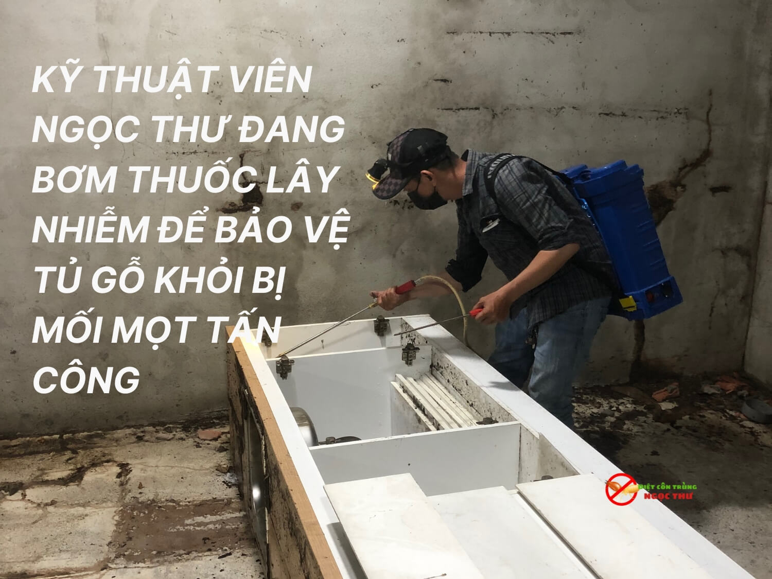 Kỹ thuật viên Ngọc Thư đang bơm thuốc lây nhiễm để bảo vệ tủ gỗ khỏi bị mối mọt tấn công