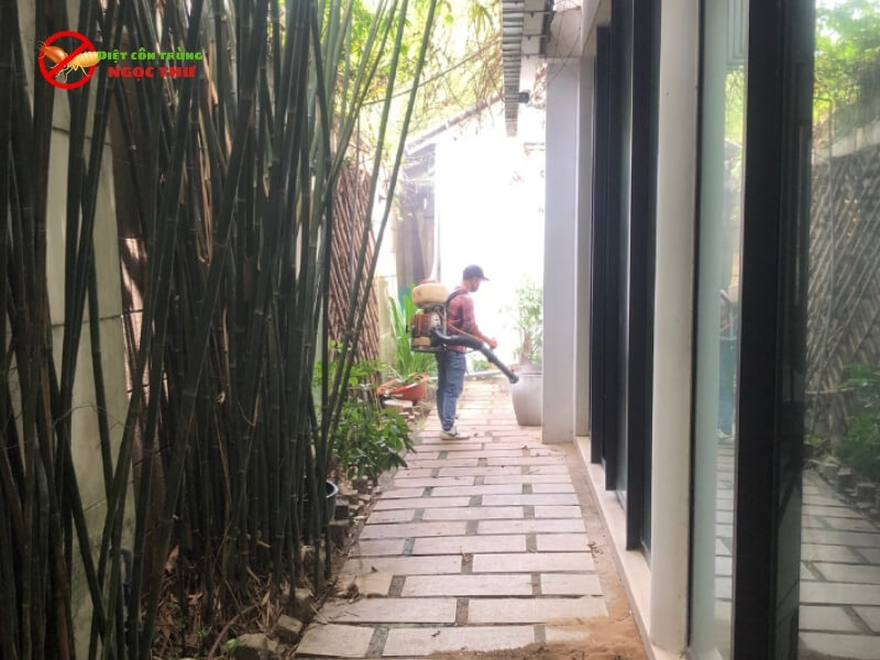 Quản Lý Dịch Hại IPM Tại Kho Bãi: Bảo Vệ Hàng Hóa Khỏi Thiệt Hại Không Mong Muốn 4 nhân viên Ngọc Thư đang phun diệt côn trùng bay và kiến